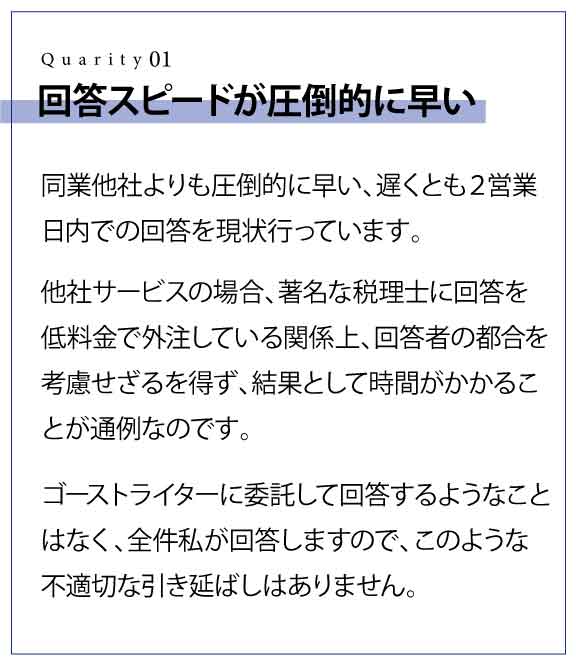 回答スピードが圧倒的に早い 同業他社よりも圧倒的に早い、遅くとも２営業日内での回答を現状行っています。他社サービスの場合、著名な税理士に回答を低料金で外注している関係上、回答者の都合を考慮せざるを得ず、結果として時間がかかることが通例なのです。 ゴーストライターに委託して回答するようなことはなく、全件私が回答しますので、このような不適切な引き延ばしはありません。